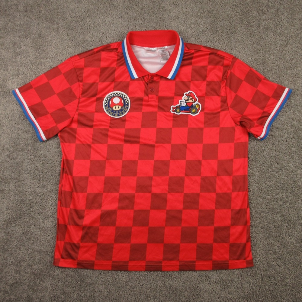 Mario Kart Polo Shirt Mens L Red Checkered Mushroom Up Jersey Racing Nintendo